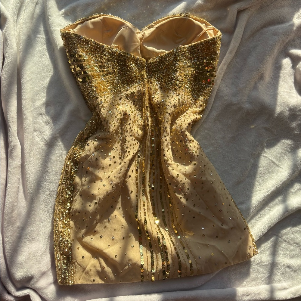 Basix Black Label Gold Sequin beaded embellished silk stone Strapless mini Dress - Picture 4 of 17